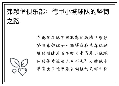 弗赖堡俱乐部：德甲小城球队的坚韧之路